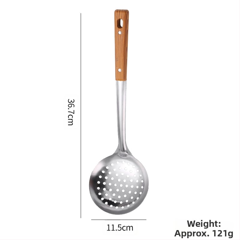 Nerūdijančio plieno mentelė, kiaurasamtis, kepimo kastuvėlis, sriubos nutekėjimo sistema, pilnas buitinių virtuvės reikmenų rinkinys, maisto gaminimo reikmenų rinkinys, šaukštas, penkių dalių rinkinys