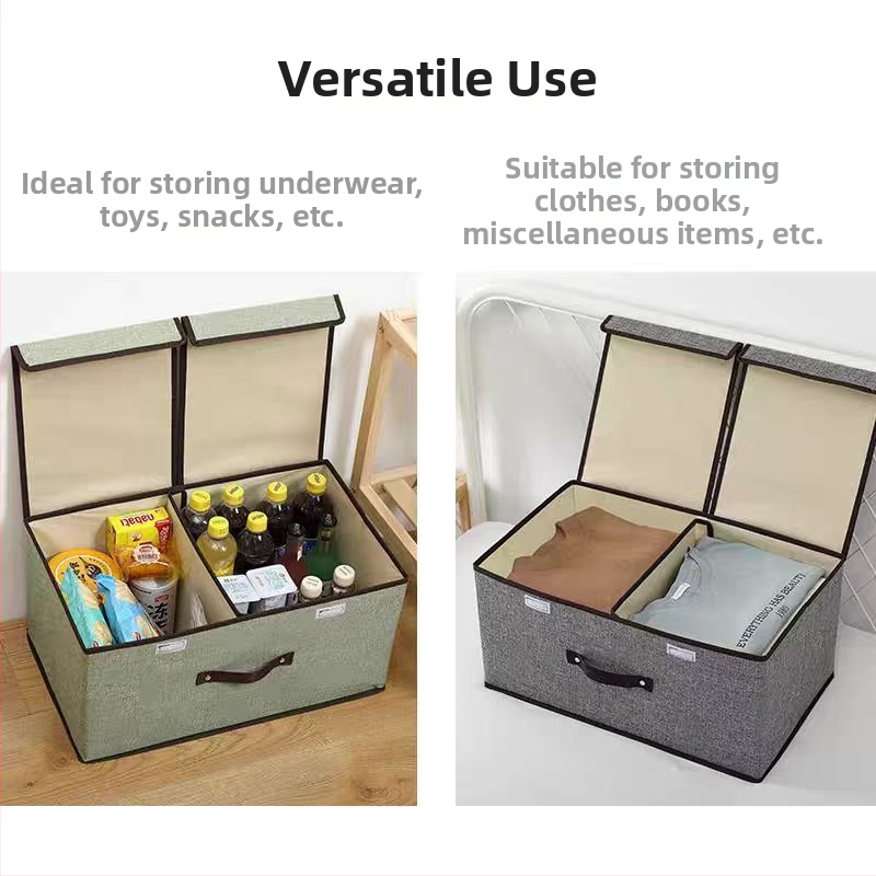 Кутия за съхранение на дрехи от памук и лен с двоен капак, сгъваема кутия за тониране от плат за домакински гардероб с капак, прахоустойчива вътрешна кутия за съхранение на дрехи