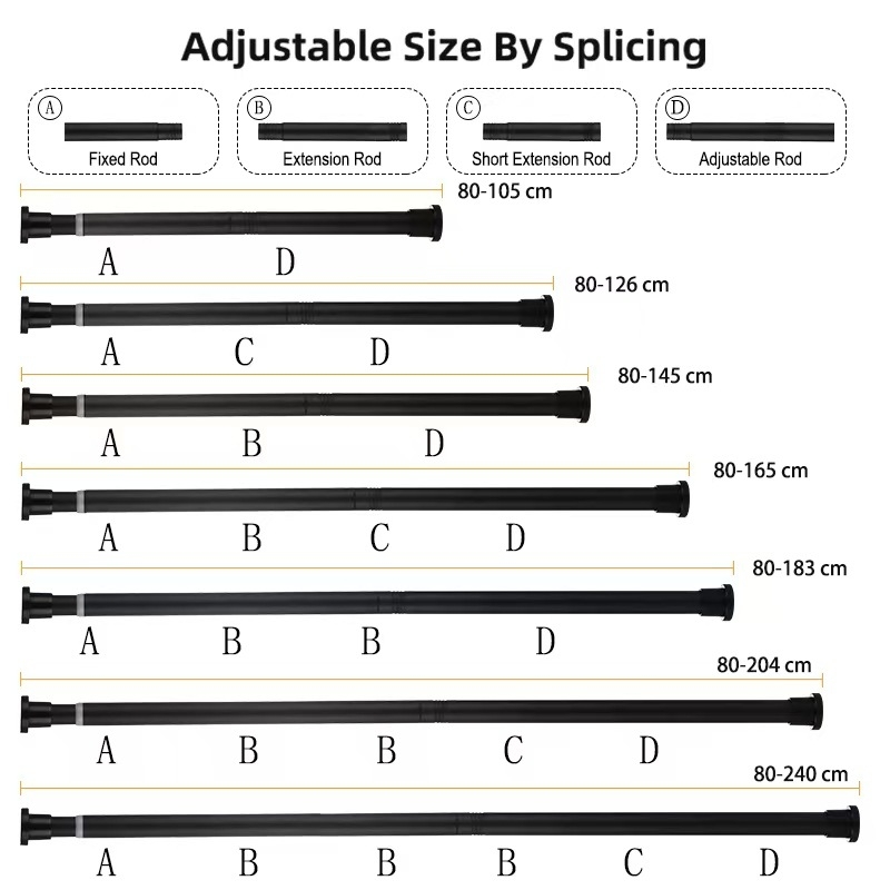 25 mm nerūdijančio plieno dušo užuolaida be perforacijos, daugiafunkcis teleskopinis strypas, vonios kambario užuolaidų strypas, dušo užuolaidos, durų užuolaidų atraminis strypas