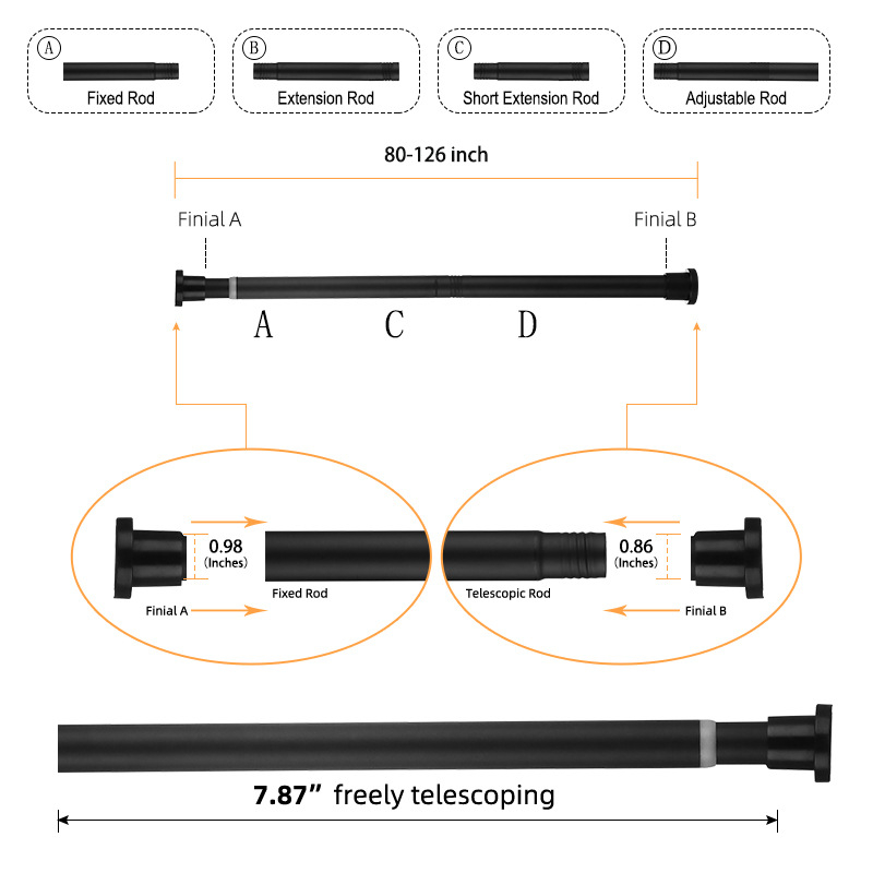 25 mm nerūdijančio plieno dušo užuolaida be perforacijos, daugiafunkcis teleskopinis strypas, vonios kambario užuolaidų strypas, dušo užuolaidos, durų užuolaidų atraminis strypas