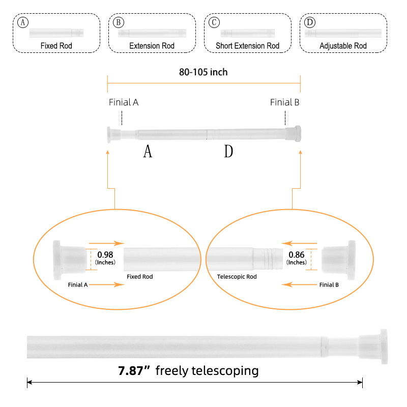 25 mm nerūdijančio plieno dušo užuolaida be perforacijos, daugiafunkcis teleskopinis strypas, vonios kambario užuolaidų strypas, dušo užuolaidos, durų užuolaidų atraminis strypas