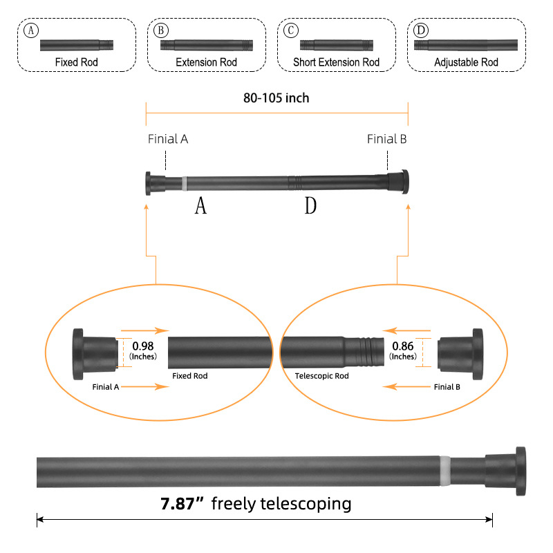 25 mm nerūdijančio plieno dušo užuolaida be perforacijos, daugiafunkcis teleskopinis strypas, vonios kambario užuolaidų strypas, dušo užuolaidos, durų užuolaidų atraminis strypas