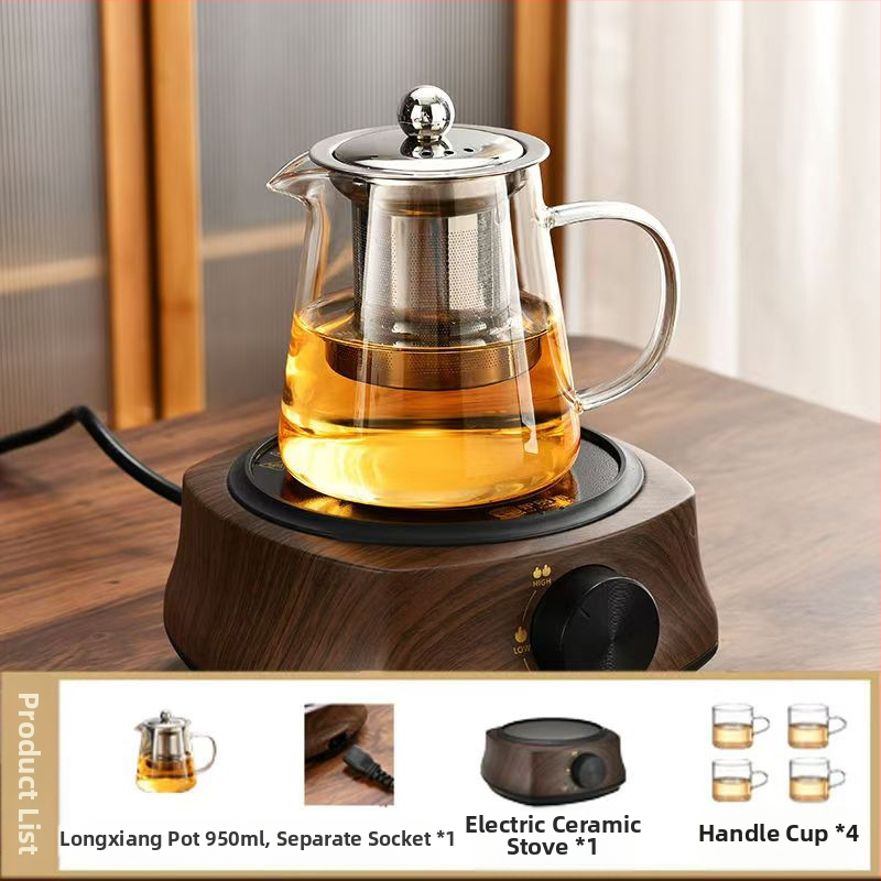 Aukštai temperatūrai atsparus stiklinis arbatinukas su filtru arbatinuku arbatos ir vandens atskyrimo puodeliu arbatos rinkiniu, tinkančiu orkaitei verdančiu arbatinuku su elektrine keramikos virykle