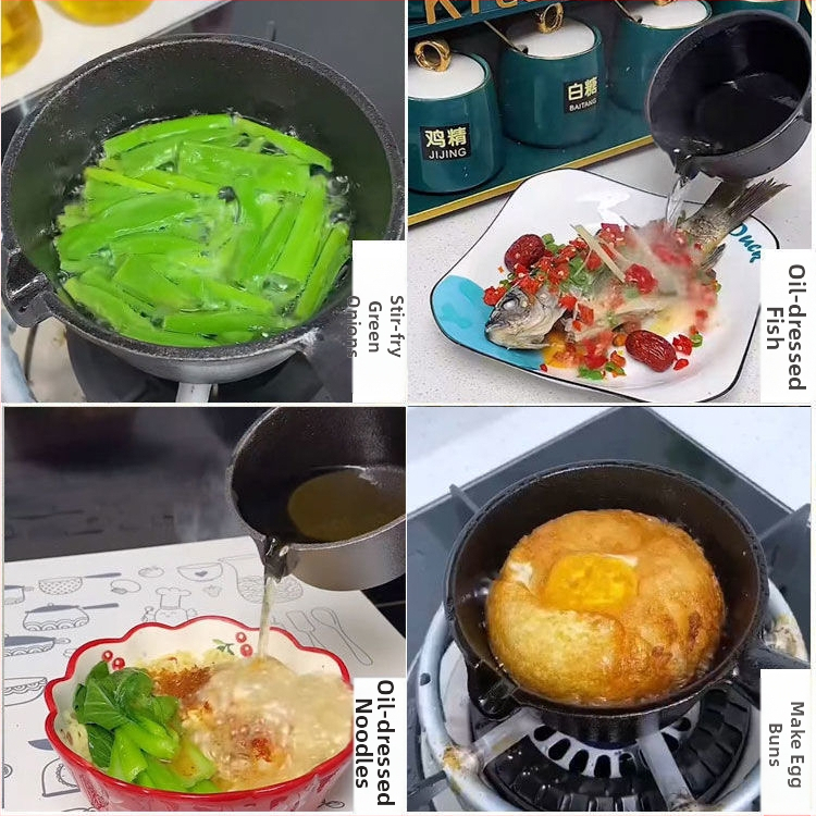 Интернет знаменитост Малък тиган с горещо олио от дървена дръжка Артефакт с пръскащо олио Чугунен мини малък железен тиган Домашен тиган за пържени яйца Малък тиган за горещо олио