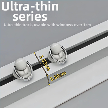 Lipnus perforuotas neperforuotas balkono lango užuolaidų bėgelis, šoninis, viršuje montuojamas, tylus, praplatintas kreipiantysis, kablio tipo priedinis strypas