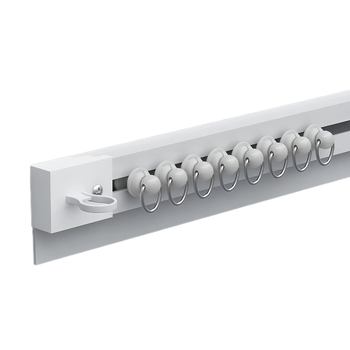 Lipnus perforuotas neperforuotas balkono lango užuolaidų bėgelis, šoninis, viršuje montuojamas, tylus, praplatintas kreipiantysis, kablio tipo priedinis strypas