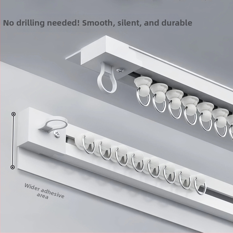 Lipnus perforuotas neperforuotas balkono lango užuolaidų bėgelis, šoninis, viršuje montuojamas, tylus, praplatintas kreipiantysis, kablio tipo priedinis strypas