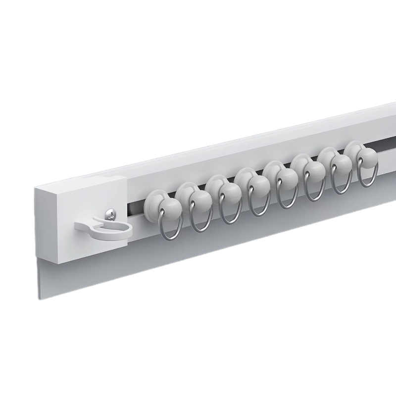 Lipnus perforuotas neperforuotas balkono lango užuolaidų bėgelis, šoninis, viršuje montuojamas, tylus, praplatintas kreipiantysis, kablio tipo priedinis strypas