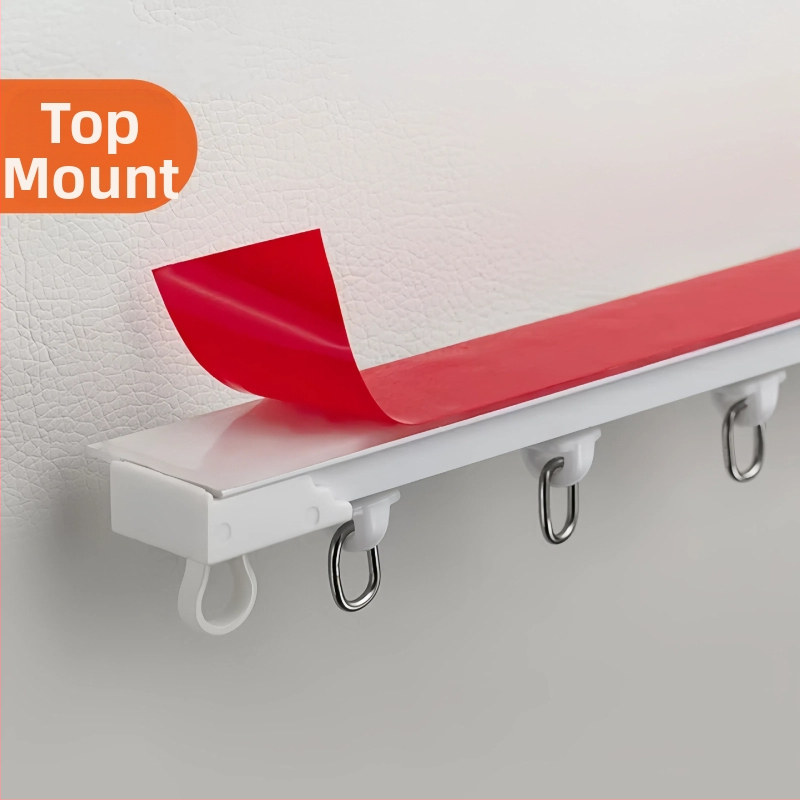 Lipnus perforuotas neperforuotas balkono lango užuolaidų bėgelis, šoninis, viršuje montuojamas, tylus, praplatintas kreipiantysis, kablio tipo priedinis strypas