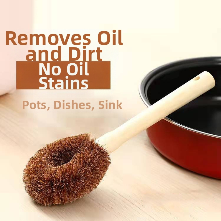 Tiesiogiai tiekiamas natūralus kokosų palmių puodų šepetys su medine rankena, nelimpantis aliejus, medinis virtuvinis puodų šepetys, puodų šepetys, ilga rankena puodų šepetys