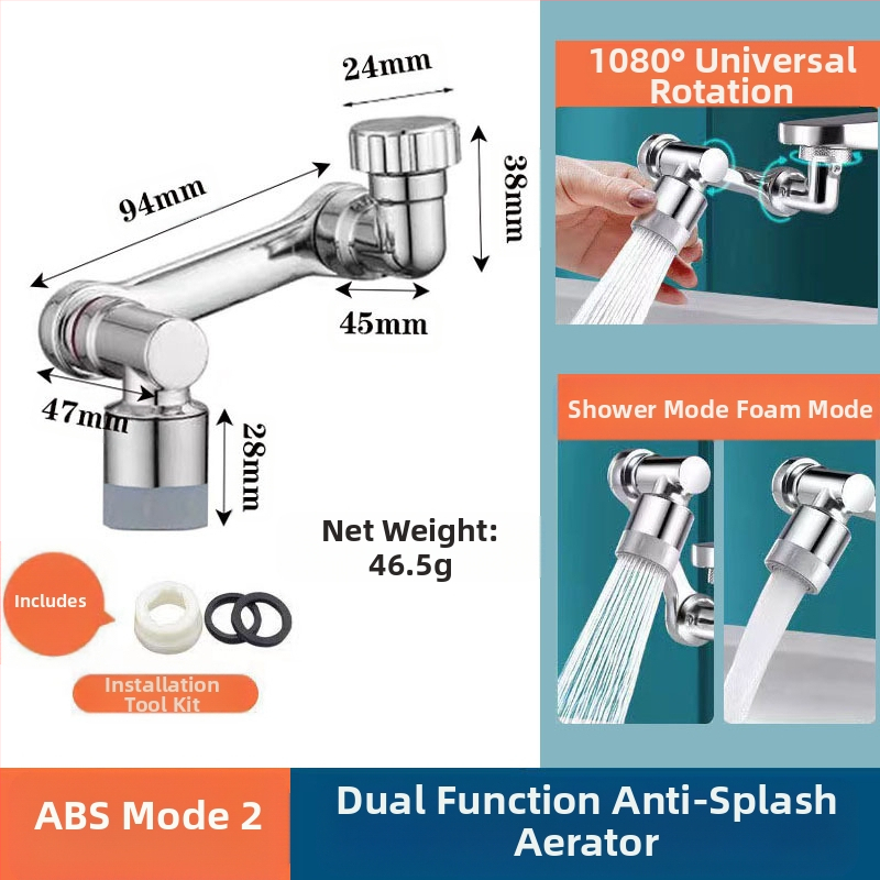 Mechanikus kar univerzális csaptelep fröccsenésálló fúvóka buborékoltató meghosszabbított toldó 1080°-ban forgatható mechanikus kar