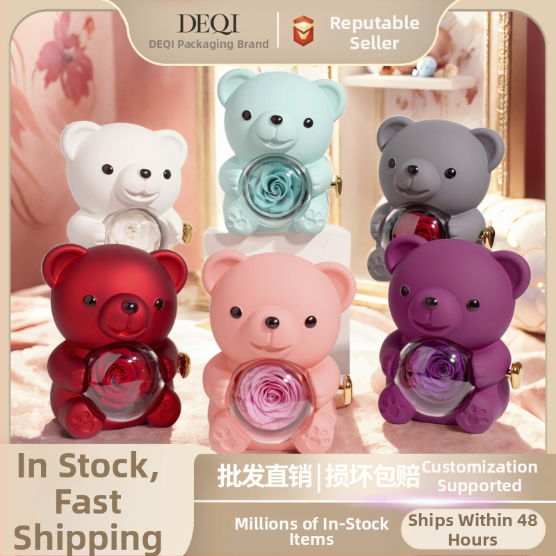 Deqi New Tanabata Valentīndienas apskaujoša lāča rotējoša mūžīgā zieda dāvanu kastīte, gredzens, kaklarota, rotaslietu kastīte, rotaslietu iepakojums