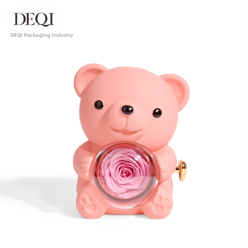 Deqi New Tanabata Valentīndienas apskaujoša lāča rotējoša mūžīgā zieda dāvanu kastīte, gredzens, kaklarota, rotaslietu kastīte, rotaslietu iepakojums