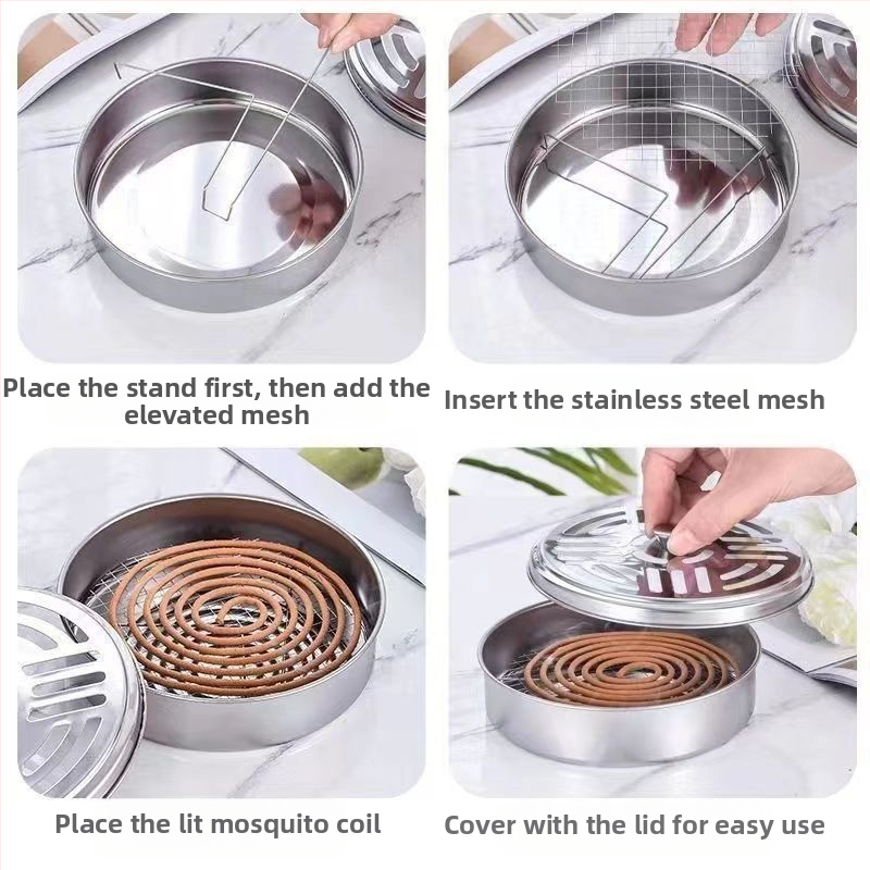 Тамянна чиния против комари от неръждаема стомана с капак, противопожарна, огнеупорна, репелент против комари, креативни горелки за тамян с пепел, удебелена кутия за тамян против комари с капак, домакинска