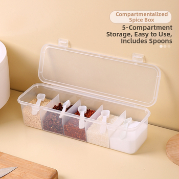 Prieskonių dėžutė Buitinė virtuvė Plastikinis druskos ir mononatrio glutamato indelis su dangteliu Prieskonių indelis su šaukštu Laikymo dėžutė Drėgmei atsparus