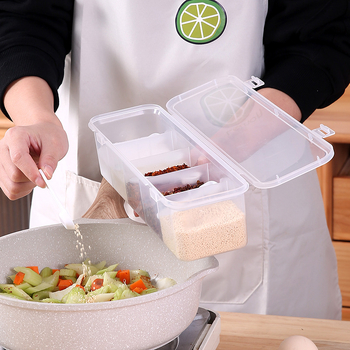 Prieskonių dėžutė Buitinė virtuvė Plastikinis druskos ir mononatrio glutamato indelis su dangteliu Prieskonių indelis su šaukštu Laikymo dėžutė Drėgmei atsparus