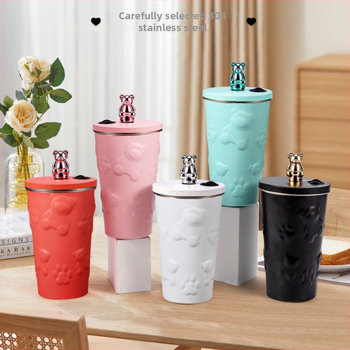 Nový galvanicky pokovovaný medvedí kávový hrnček, zapečatený slamený hrnček z nehrdzavejúcej ocele 304, veľkokapacitný prenosný autohrniec