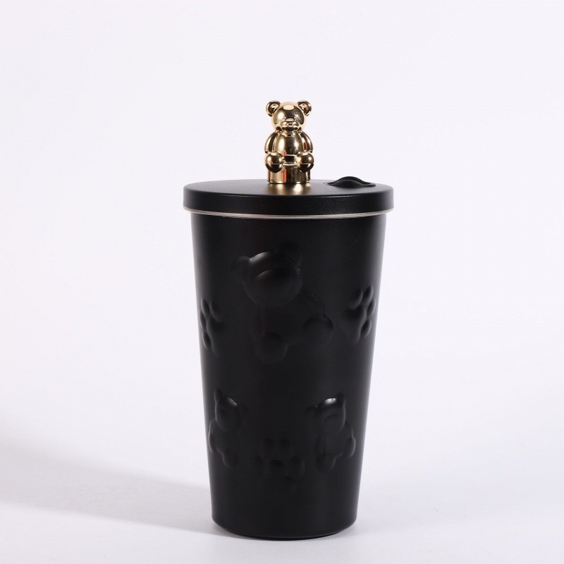 Nový galvanicky pokovovaný medvedí kávový hrnček, zapečatený slamený hrnček z nehrdzavejúcej ocele 304, veľkokapacitný prenosný autohrniec