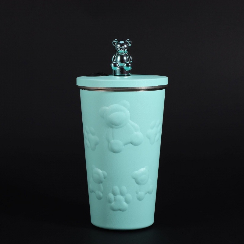 Nový galvanicky pokovovaný medvedí kávový hrnček, zapečatený slamený hrnček z nehrdzavejúcej ocele 304, veľkokapacitný prenosný autohrniec