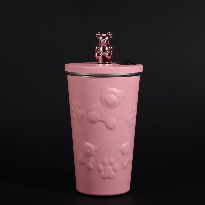 Nový galvanicky pokovovaný medvedí kávový hrnček, zapečatený slamený hrnček z nehrdzavejúcej ocele 304, veľkokapacitný prenosný autohrniec