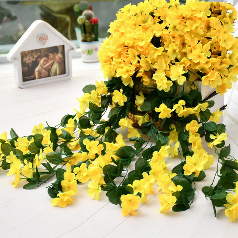 Esküvői lila fali dekoráció, utánzott virág rattan lakberendezés, hamis virágdekoráció, utánzott növény, hortenzia fali dekoráció, virág