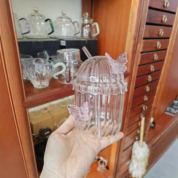 Naujas, aukštos kokybės borosilikatinio stiklo drugelio formos šiaudelio puodelis, kūrybingas, karščiui atsparus stiklas su dangteliu, su šiaudelio formos sultimis, pieno arbata, Bobo puodelis