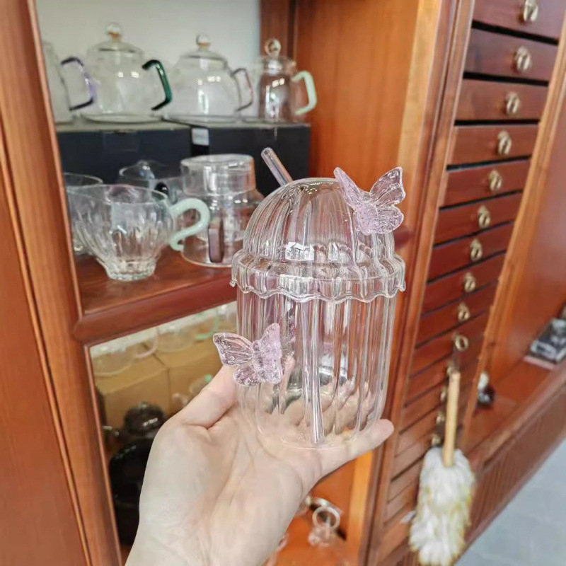 Naujas, aukštos kokybės borosilikatinio stiklo drugelio formos šiaudelio puodelis, kūrybingas, karščiui atsparus stiklas su dangteliu, su šiaudelio formos sultimis, pieno arbata, Bobo puodelis