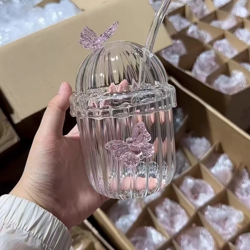 Naujas, aukštos kokybės borosilikatinio stiklo drugelio formos šiaudelio puodelis, kūrybingas, karščiui atsparus stiklas su dangteliu, su šiaudelio formos sultimis, pieno arbata, Bobo puodelis