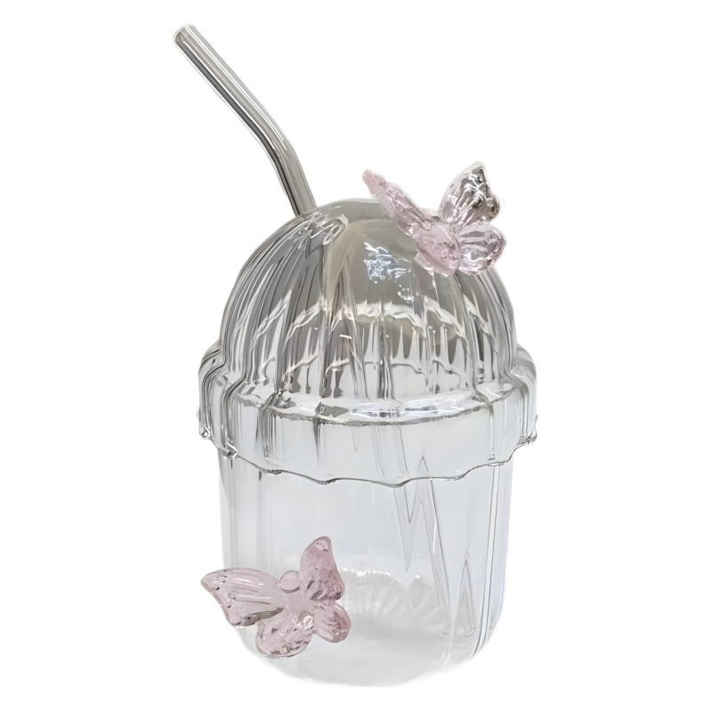 Naujas, aukštos kokybės borosilikatinio stiklo drugelio formos šiaudelio puodelis, kūrybingas, karščiui atsparus stiklas su dangteliu, su šiaudelio formos sultimis, pieno arbata, Bobo puodelis