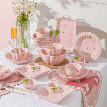 Κοστούμι πιάτων φράουλα για το σπίτι, χαριτωμένο κοστούμι επιτραπέζιων σκευών, δημιουργικό κοστούμι πιάτων ρυζιού υψηλής αξίας, μπολ κοστούμι