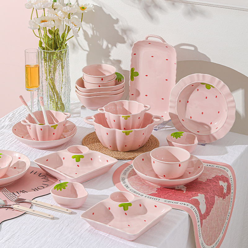 Κοστούμι πιάτων φράουλα για το σπίτι, χαριτωμένο κοστούμι επιτραπέζιων σκευών, δημιουργικό κοστούμι πιάτων ρυζιού υψηλής αξίας, μπολ κοστούμι
