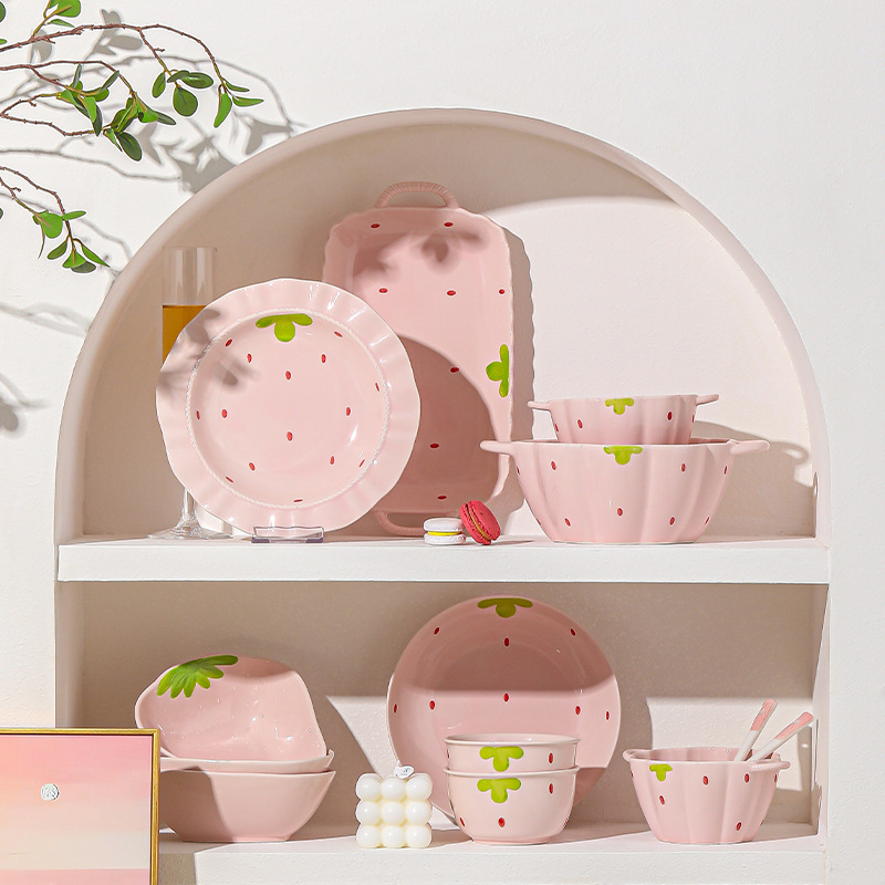Κοστούμι πιάτων φράουλα για το σπίτι, χαριτωμένο κοστούμι επιτραπέζιων σκευών, δημιουργικό κοστούμι πιάτων ρυζιού υψηλής αξίας, μπολ κοστούμι