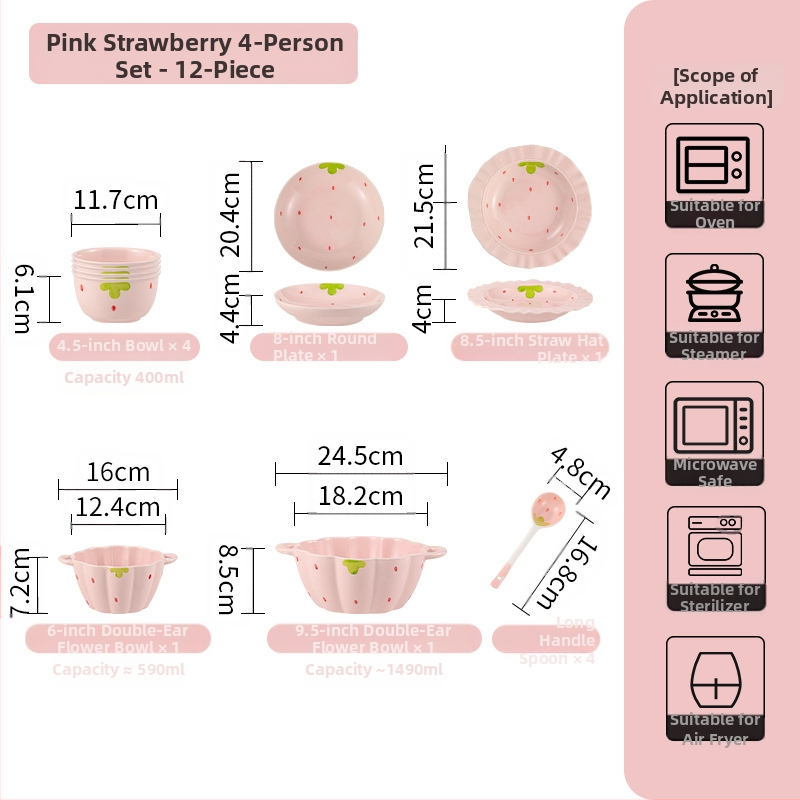 Κοστούμι πιάτων φράουλα για το σπίτι, χαριτωμένο κοστούμι επιτραπέζιων σκευών, δημιουργικό κοστούμι πιάτων ρυζιού υψηλής αξίας, μπολ κοστούμι