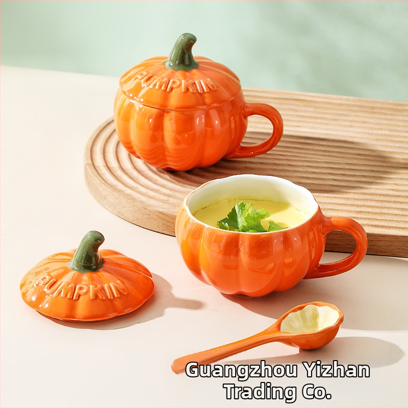 Radoša keramikas ķirbju krūze ar svētku brokastu auzu pārslu piena krūzi ar vāku un karoti, krusteniska Ziemassvētku krūze