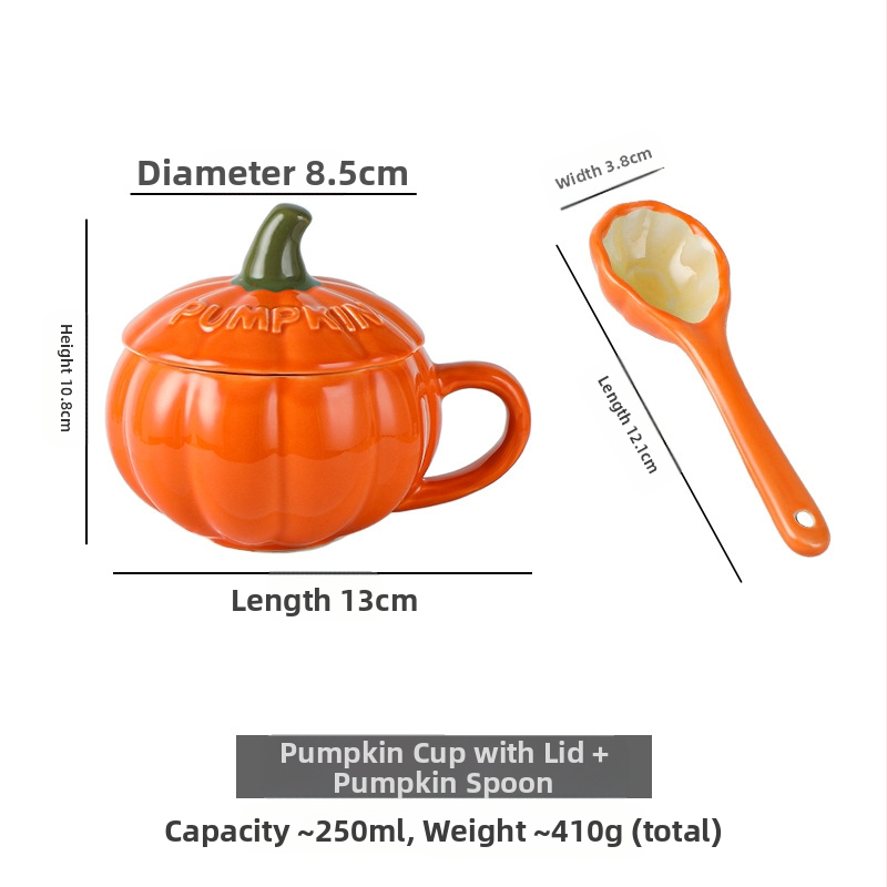 Radoša keramikas ķirbju krūze ar svētku brokastu auzu pārslu piena krūzi ar vāku un karoti, krusteniska Ziemassvētku krūze