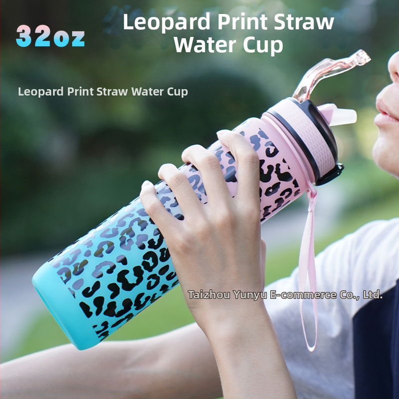 Cross Border на склад Градиентна спортна пластмасова чаша за вода с леопардов принт, всмукателна тръбичка, леопардова спортна чаша за вода