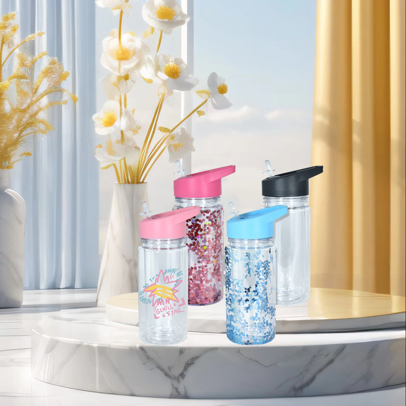 Dvisluoksnis 300 ml vaikiškas dugnas su skylutėmis, sportinis šiaudelių puodelis, blizgučiais, blizgučiais iš popieriaus, „pasidaryk pats“ puodelis sniego gniūžtėmis