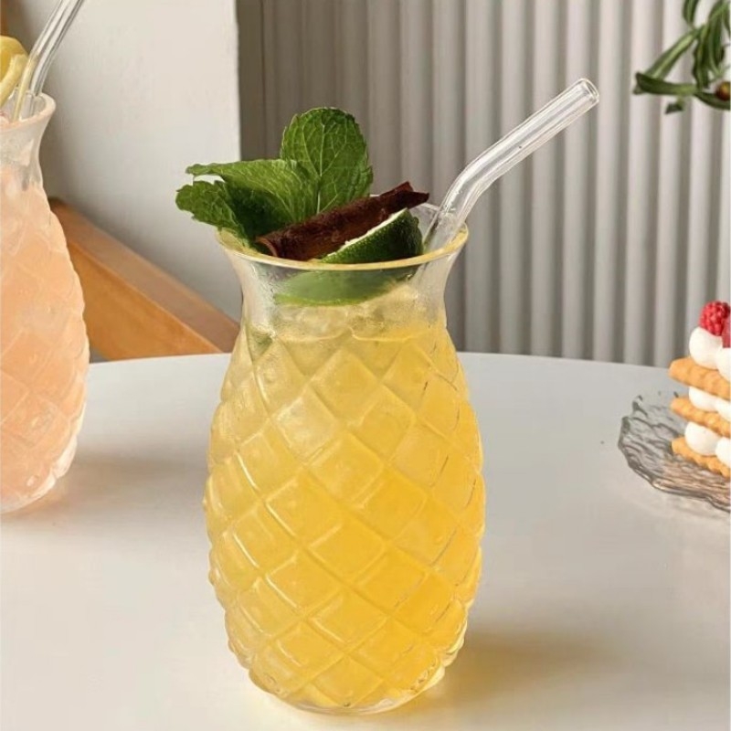 Cupă de ananas de înaltă calitate, rezistentă la temperaturi ridicate, din sticlă transparentă, pentru suc, pentru femei, de vară, cu băutură rece, cu pai