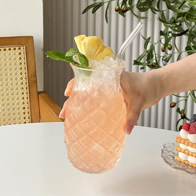 Cupă de ananas de înaltă calitate, rezistentă la temperaturi ridicate, din sticlă transparentă, pentru suc, pentru femei, de vară, cu băutură rece, cu pai
