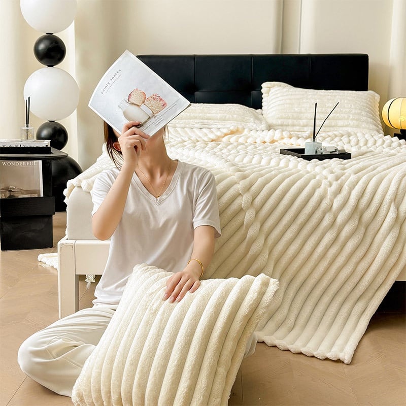 Трансгранично раирано одеяло, зимно двустранно одеяло с плюшено зайче, офис одеяло за дрямка, одеяло за климатик, одеяло за диван, чаршаф за легло