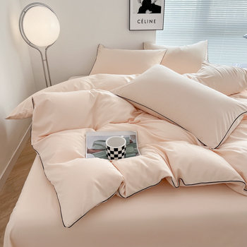 Трансграничен, горещо продаван, чаршаф с пристягане, висок брой и висока плътност, чист цвят, нов комплект от четири части, щадящ кожата, изпран памук - инкрустиран стил с въже - на едро
