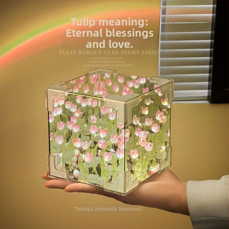 Kreatívne Rubikove kocky Tulipán Nočné svetlo Ručne vyrobené DIY Kvetinové Morské Atmosférické Svetlo Akrylové Zrkadlo Stereo Ozdoby Darčeky