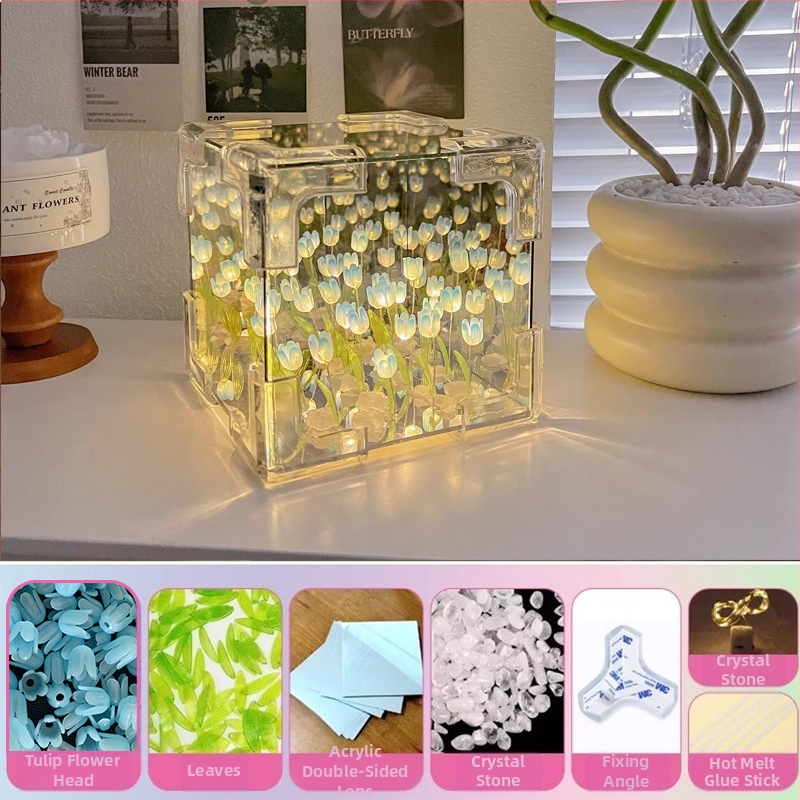 Kreatívne Rubikove kocky Tulipán Nočné svetlo Ručne vyrobené DIY Kvetinové Morské Atmosférické Svetlo Akrylové Zrkadlo Stereo Ozdoby Darčeky