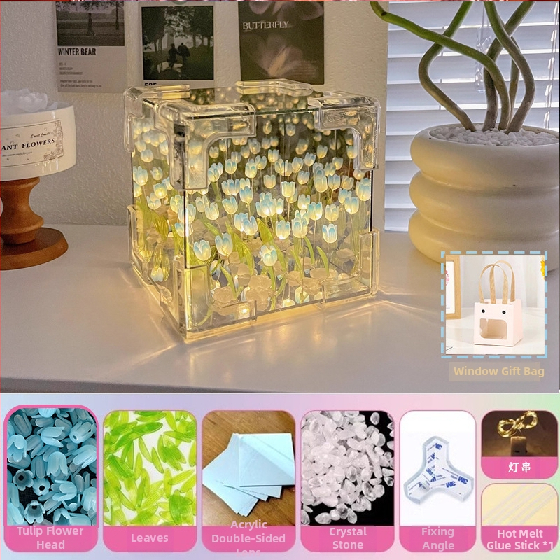 Kreatívne Rubikove kocky Tulipán Nočné svetlo Ručne vyrobené DIY Kvetinové Morské Atmosférické Svetlo Akrylové Zrkadlo Stereo Ozdoby Darčeky