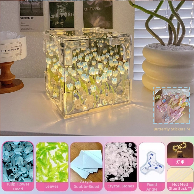 Kreatívne Rubikove kocky Tulipán Nočné svetlo Ručne vyrobené DIY Kvetinové Morské Atmosférické Svetlo Akrylové Zrkadlo Stereo Ozdoby Darčeky