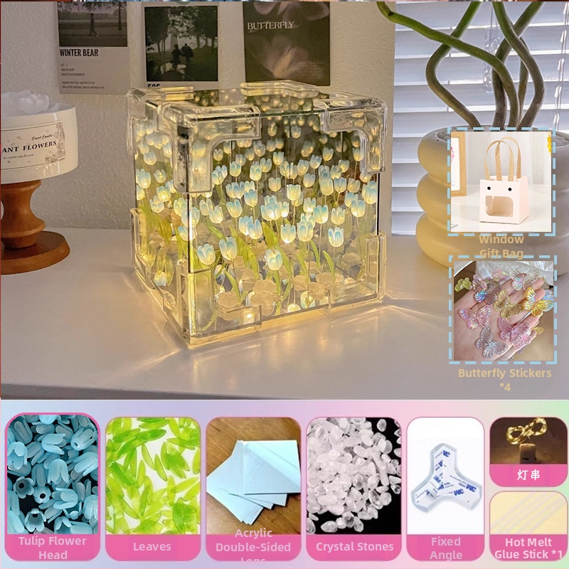 Kreatívne Rubikove kocky Tulipán Nočné svetlo Ručne vyrobené DIY Kvetinové Morské Atmosférické Svetlo Akrylové Zrkadlo Stereo Ozdoby Darčeky