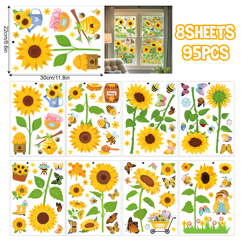 Piiriülesed kevadised aknakleebised, mesilase, liblika ja staatilised kleebised, kodukaunistamine, elutoa aknaklaasi kleebised, päevalille aknakleebised