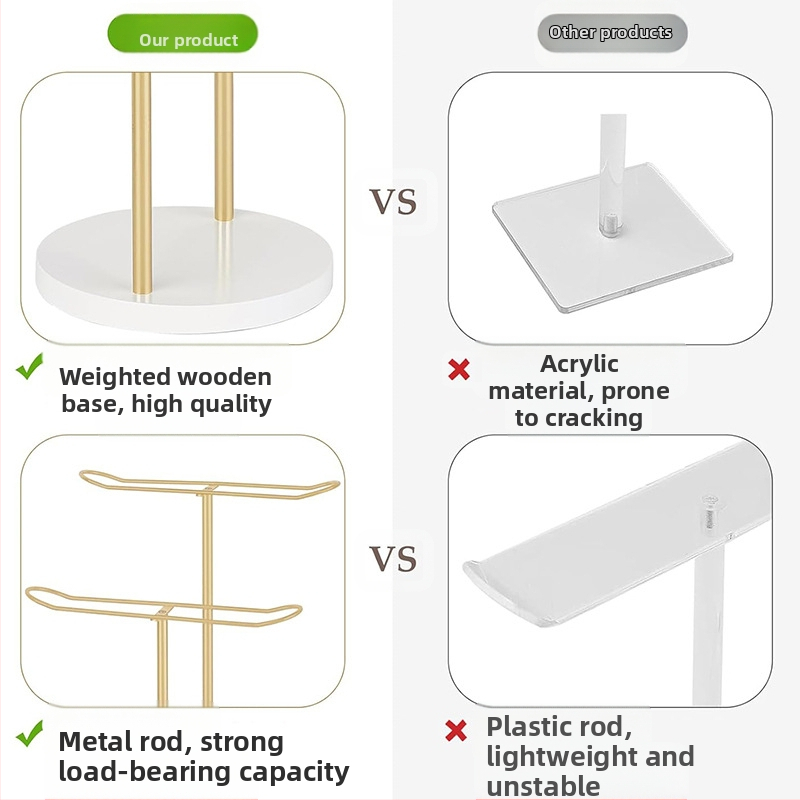 Dvisluoksnis medinis pagrindas auksinis plaukų lankas ant stalo plaukų juostų laikymo lentynėlė daugiafunkcis galvos apdangalų demonstravimo stovas