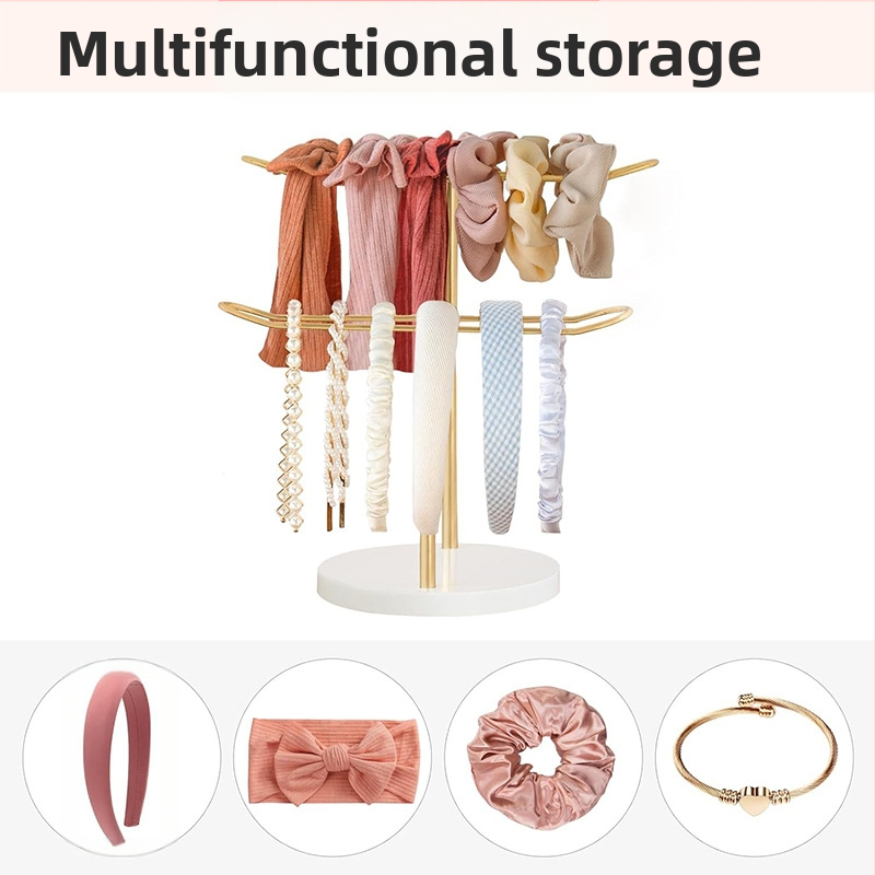 Dvisluoksnis medinis pagrindas auksinis plaukų lankas ant stalo plaukų juostų laikymo lentynėlė daugiafunkcis galvos apdangalų demonstravimo stovas