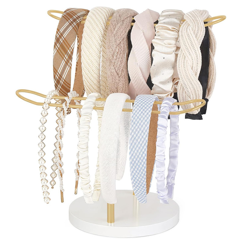 Dvisluoksnis medinis pagrindas auksinis plaukų lankas ant stalo plaukų juostų laikymo lentynėlė daugiafunkcis galvos apdangalų demonstravimo stovas